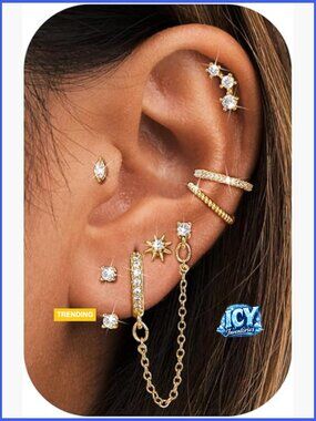 14K Gold Plated Earring Set - Surgical Steel Stud Hoop Chain Earrings for